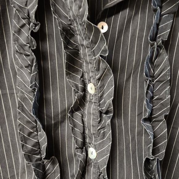Womens Black Pinstripe Ruffle Front Blouse Size 44 - Picture 2 of 6